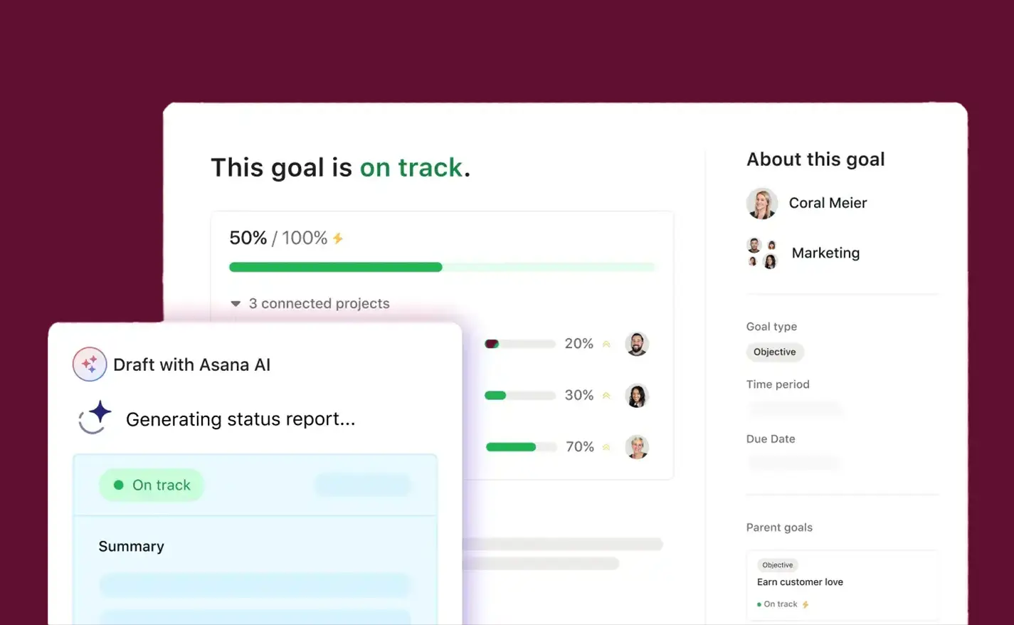 Asana’s AI Studio, describing an intelligent work platform that unifies people, tools, and plans to improve clarity, speed, and alignment, with a prompt to explore AI Studio