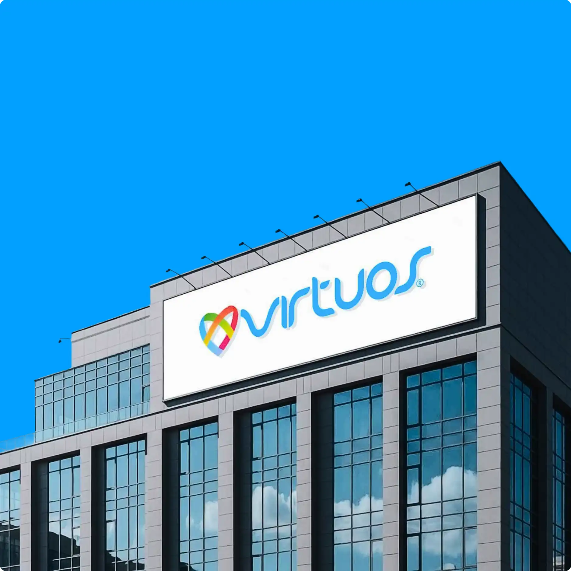 The Virtuos office building with the Virtuos logo on its facade