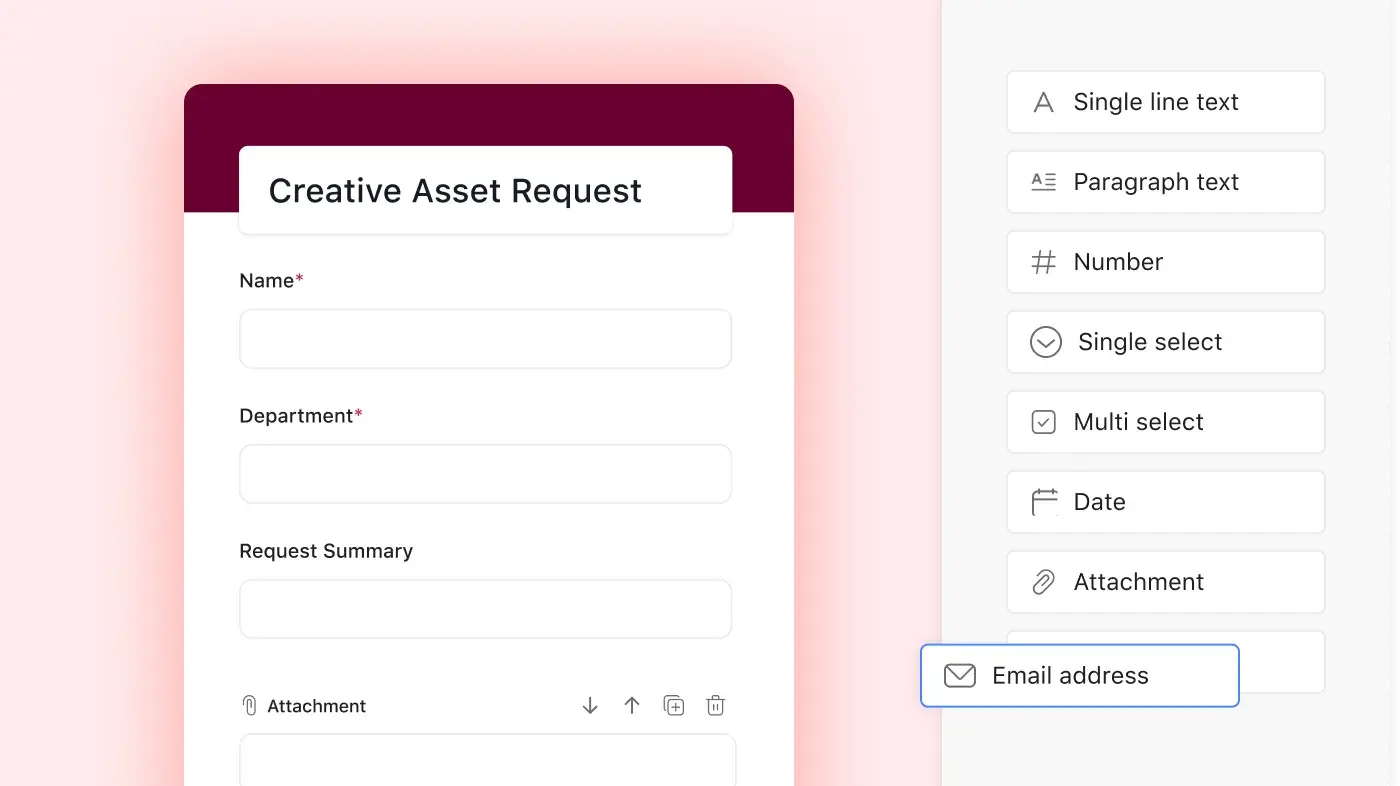 An Asana creative asset request form being built from single line, paragraph, attachment and email fields