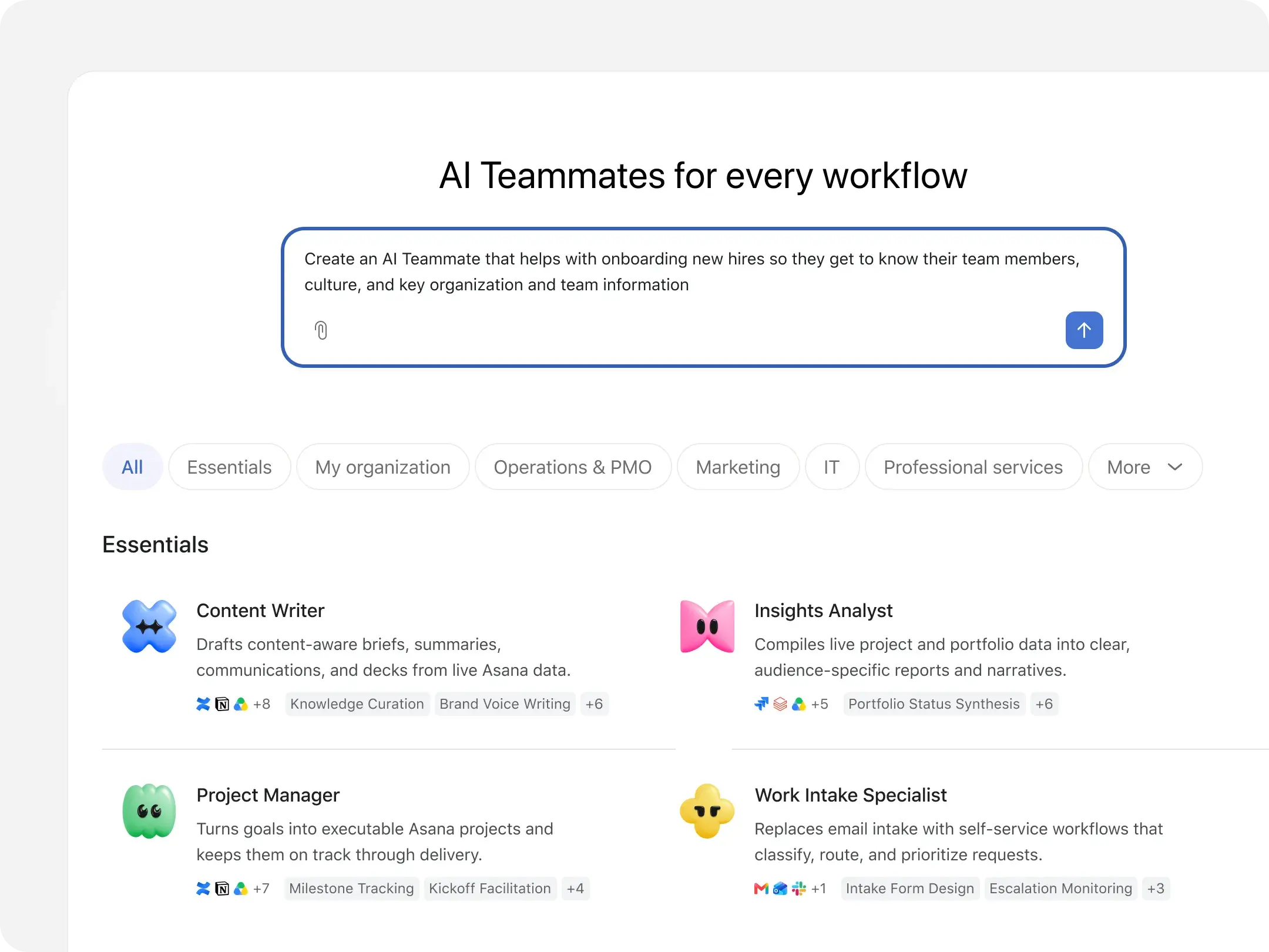 Asana's AI Teammates gallery: a prompt to create an onboarding teammate above ready-made teammates such as Content Writer, Insights Analyst, Project Manager and Work Intake Specialist