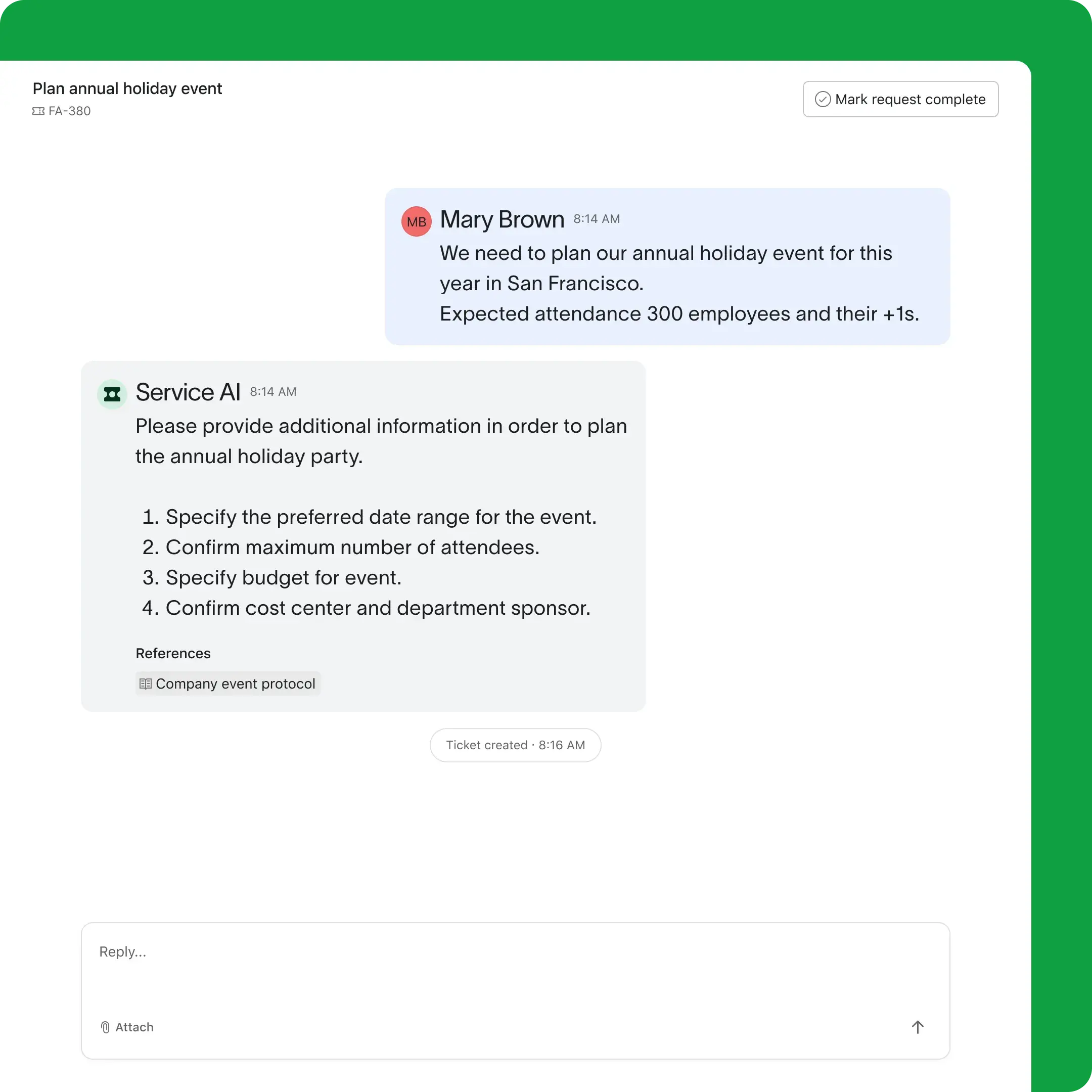An Asana request where Service AI asks for the dates, attendees and budget it needs before planning an event